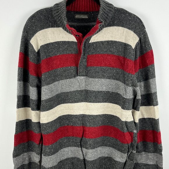 Denver Hayes Sweater Size L Gray Red Long Sleeve 1/4 Collared Acrylic Cotton - Picture 1 of 9